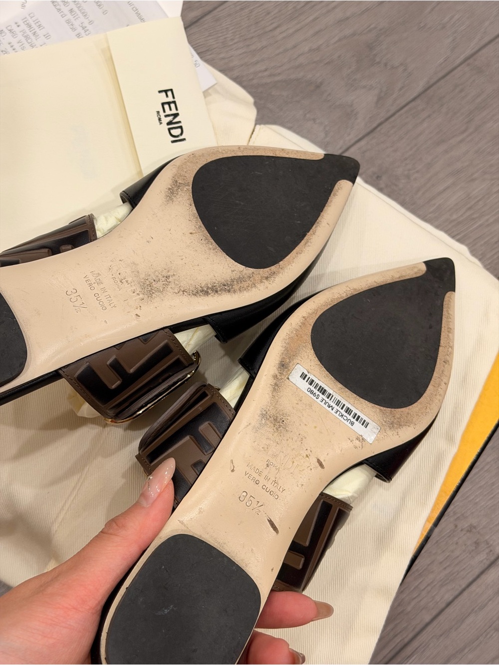 Fendi Black & Brown FF Logo Buckle Pointed-Toe Mule - Picture 3 of 5